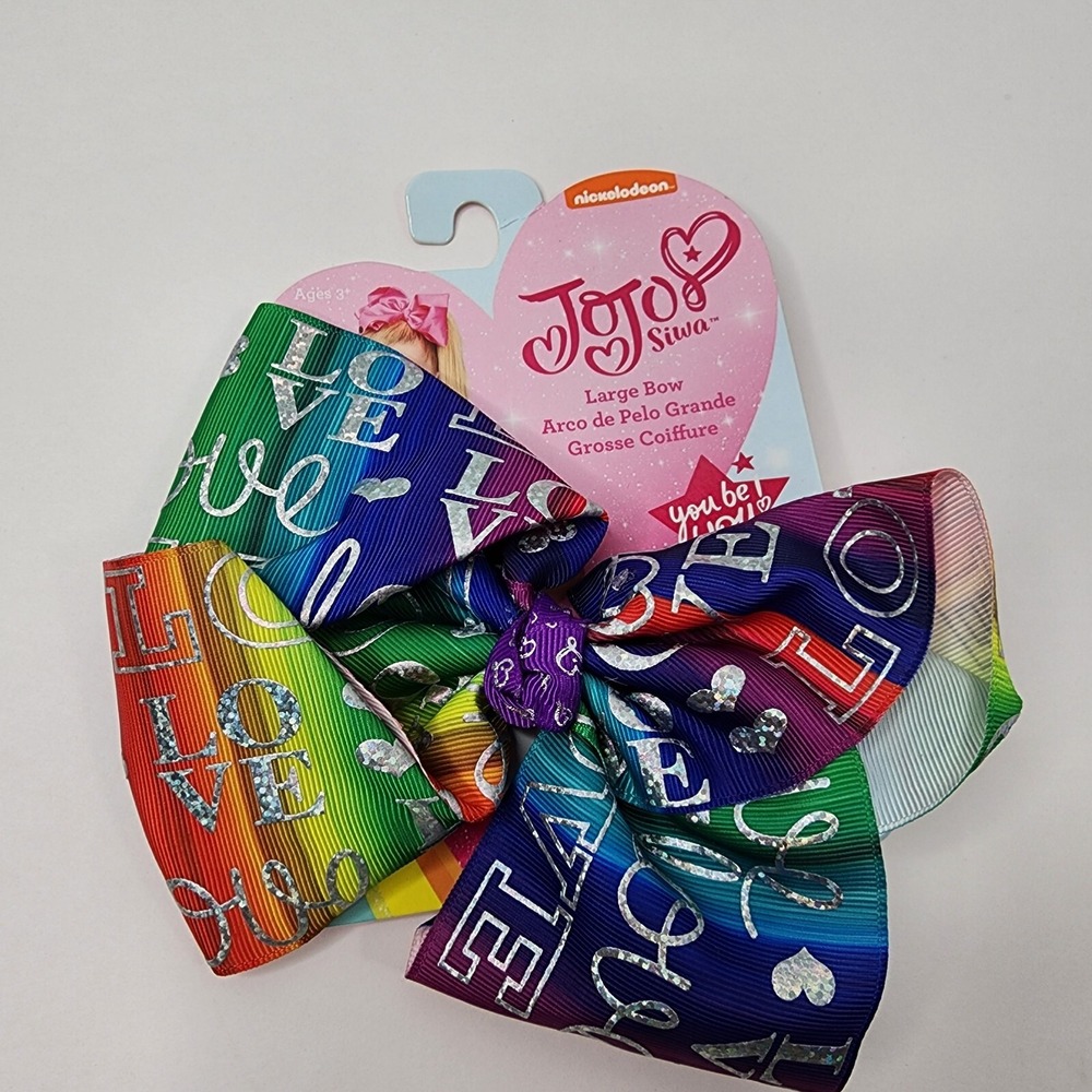 Jojo Siwa 6" Rainbow Colored Metallic Bow "Love" Hearts Hair Tie New with Tags